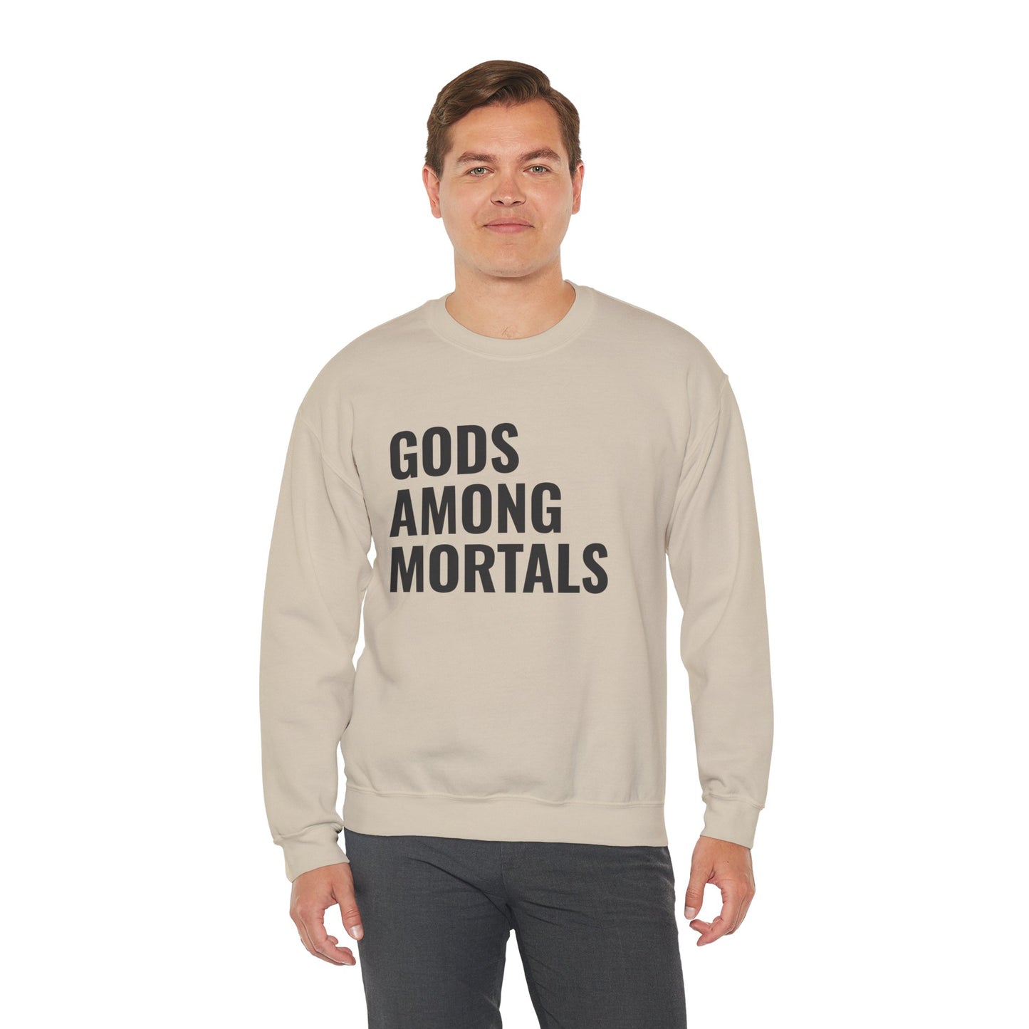 Gods Among Mortals Crewneck Sweatshirt – Bold Text Graphic Pullover