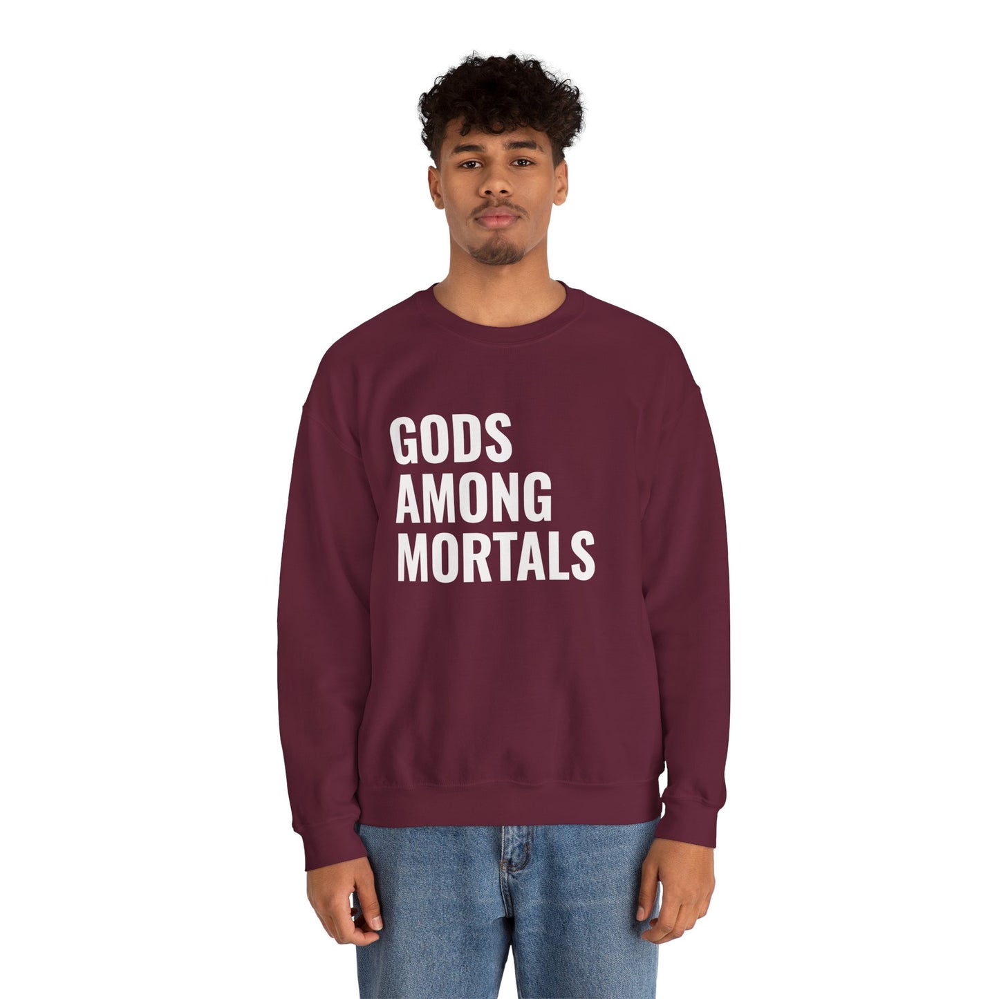 Gods Among Mortals Crewneck Sweatshirt – Bold Text Graphic Pullover
