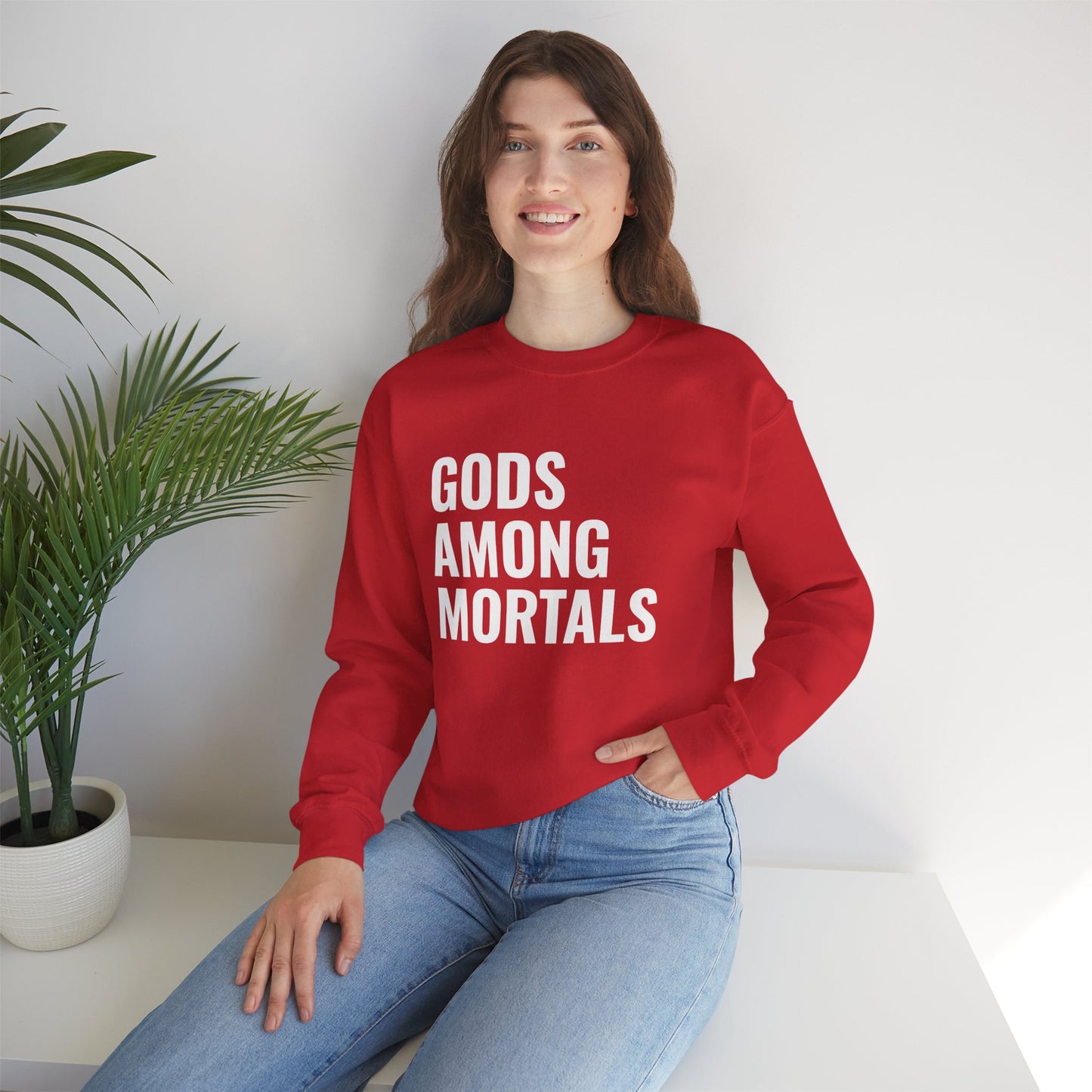 Gods Among Mortals Crewneck Sweatshirt – Bold Text Graphic Pullover