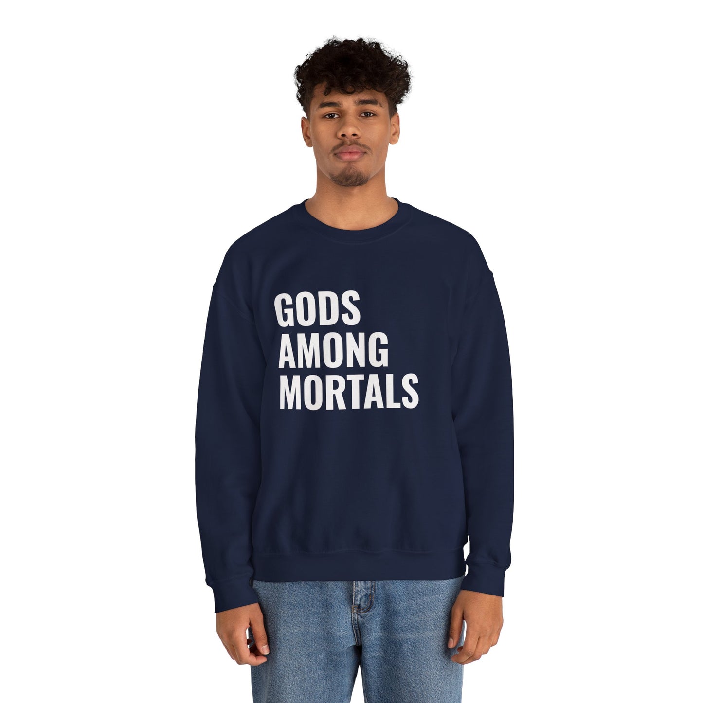 Gods Among Mortals Crewneck Sweatshirt – Bold Text Graphic Pullover
