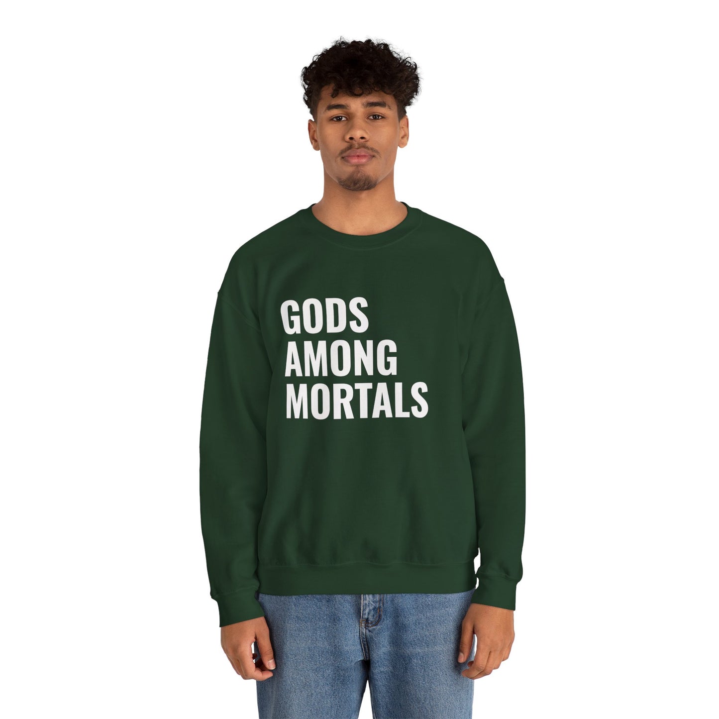 Gods Among Mortals Crewneck Sweatshirt – Bold Text Graphic Pullover