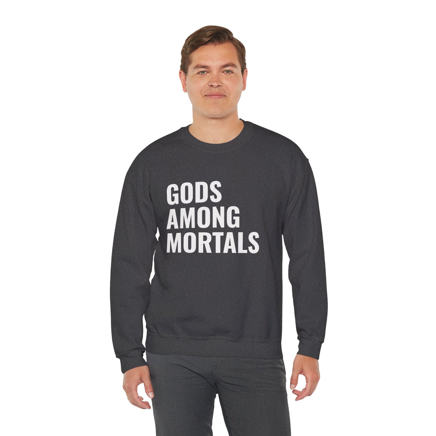 Gods Among Mortals Crewneck Sweatshirt – Bold Text Graphic Pullover