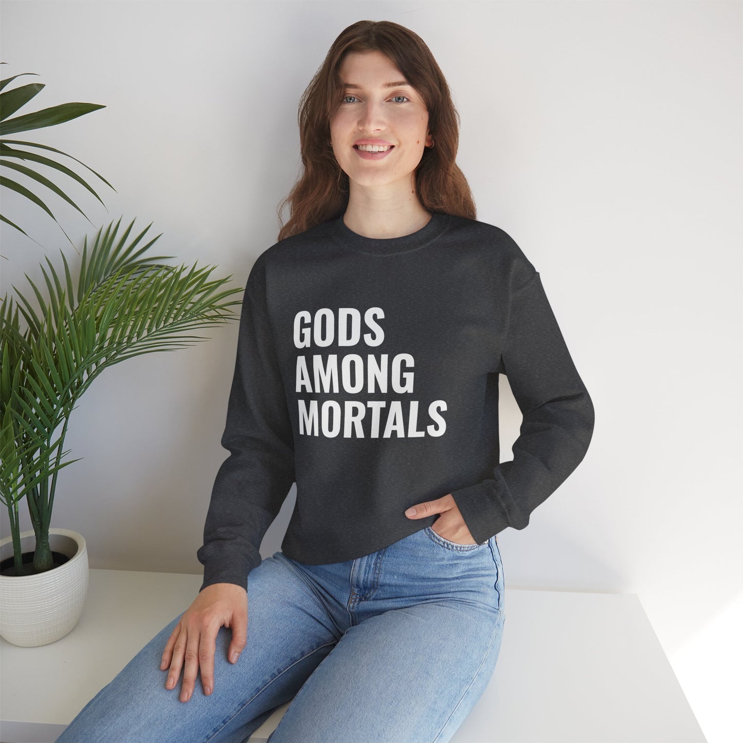 Gods Among Mortals Crewneck Sweatshirt – Bold Text Graphic Pullover