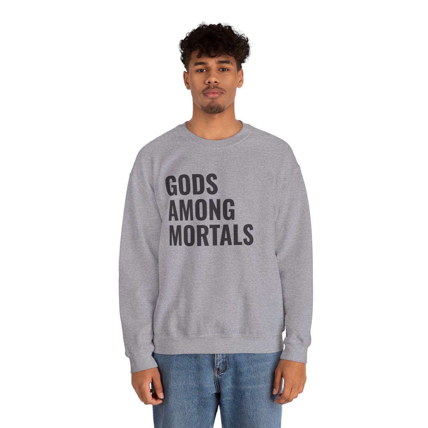 Gods Among Mortals Crewneck Sweatshirt – Bold Text Graphic Pullover