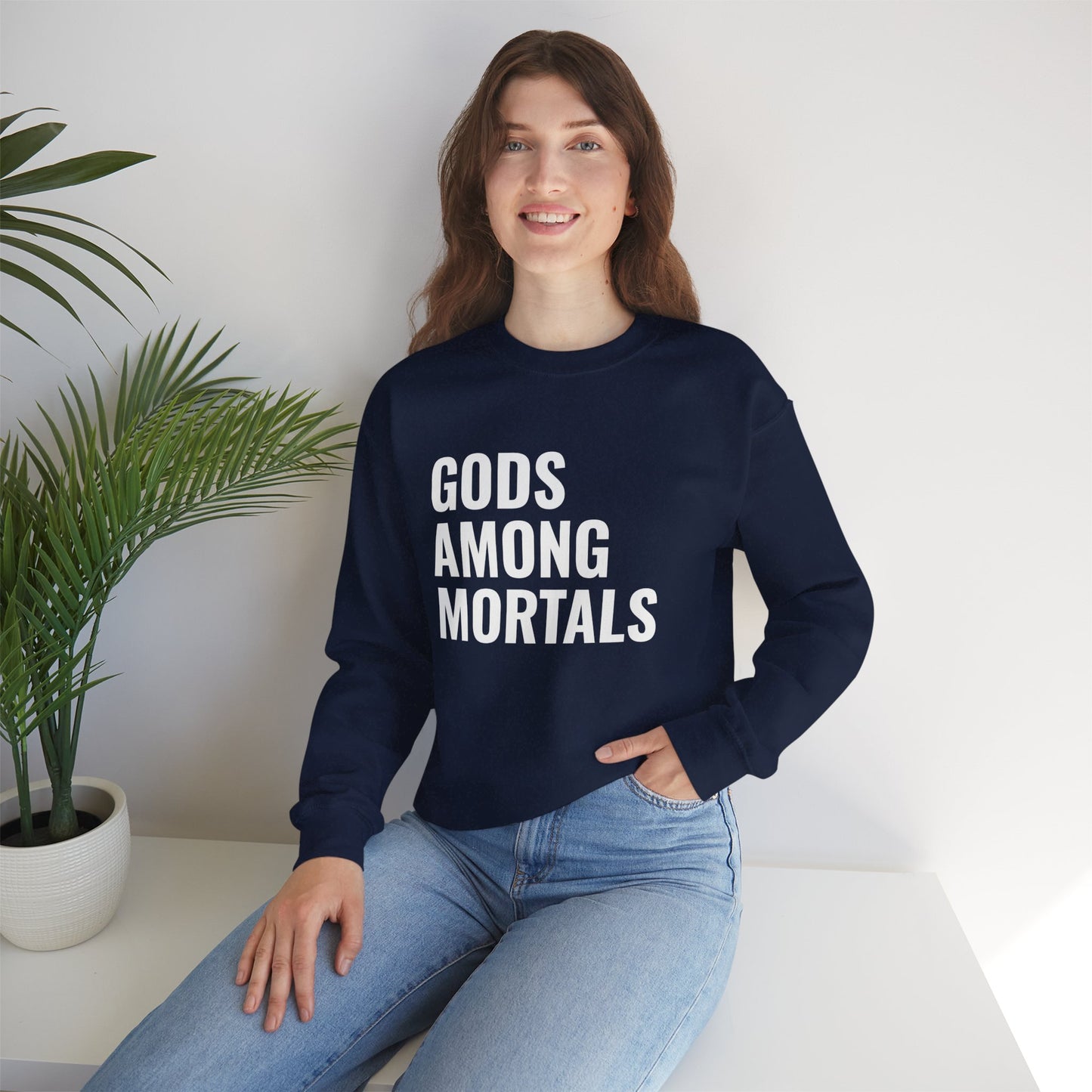 Gods Among Mortals Crewneck Sweatshirt – Bold Text Graphic Pullover