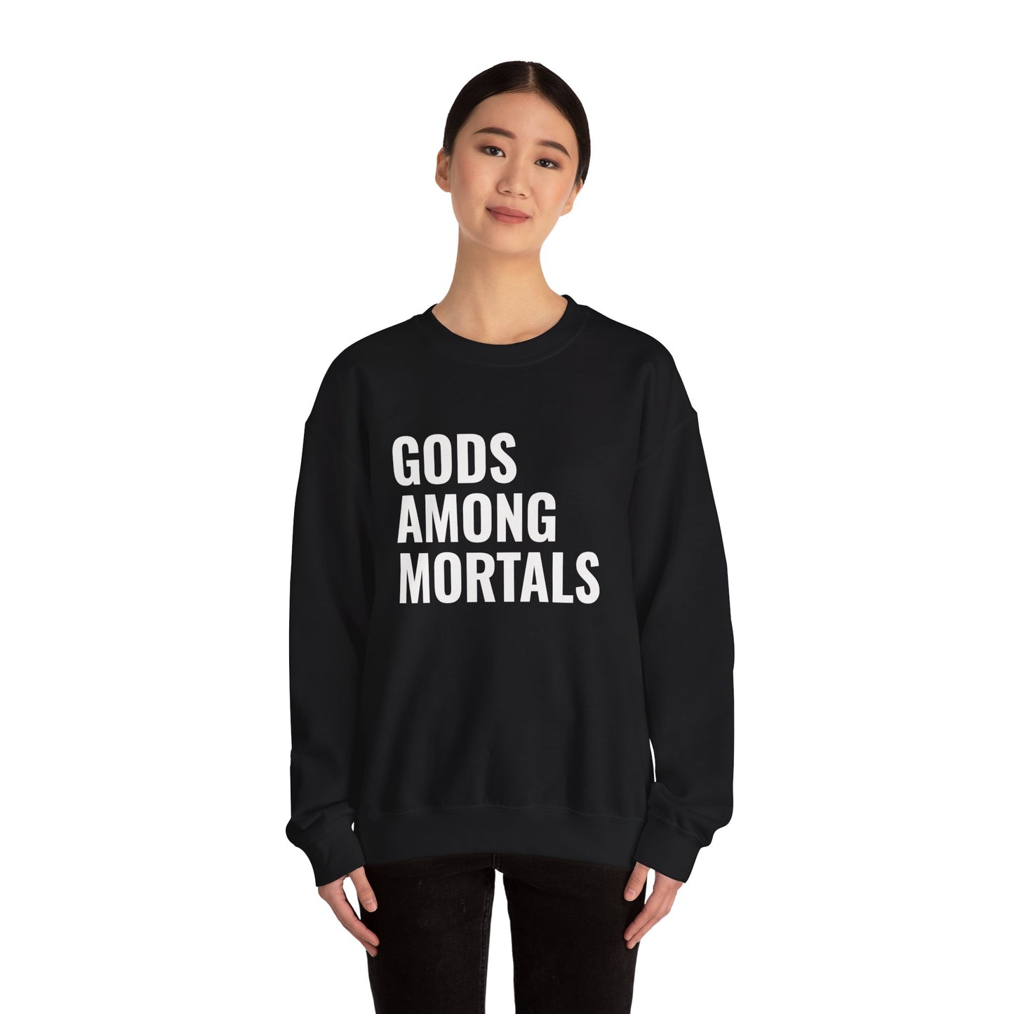 Gods Among Mortals Crewneck Sweatshirt – Bold Text Graphic Pullover