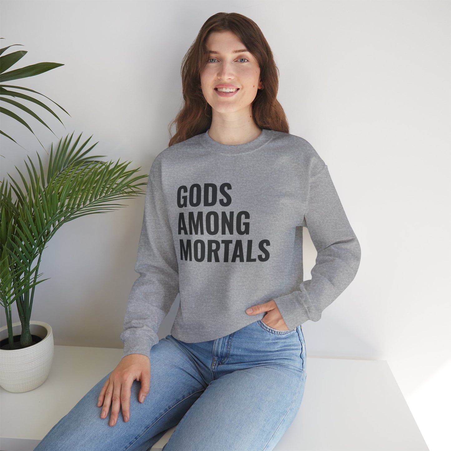 Gods Among Mortals Crewneck Sweatshirt – Bold Text Graphic Pullover
