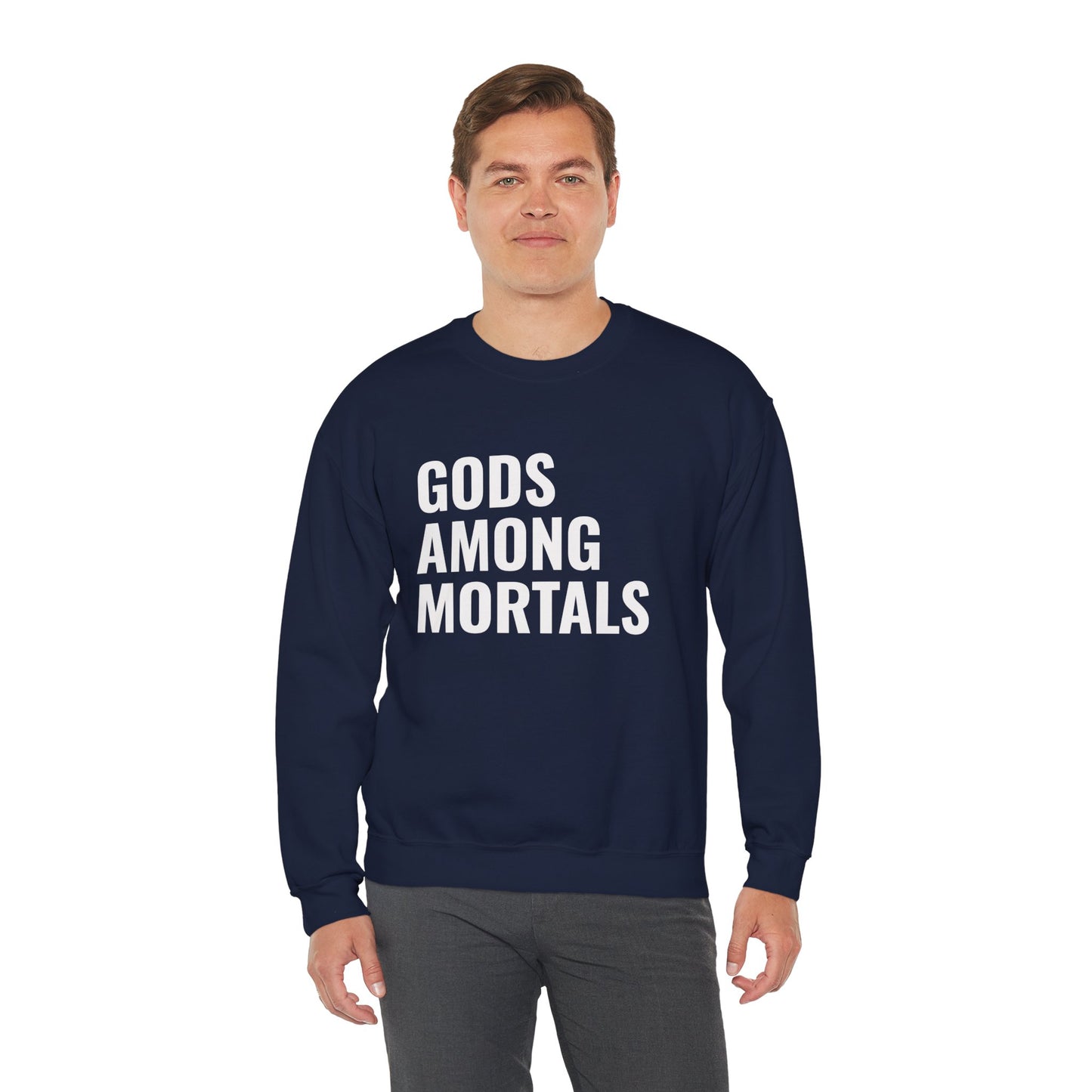Gods Among Mortals Crewneck Sweatshirt – Bold Text Graphic Pullover
