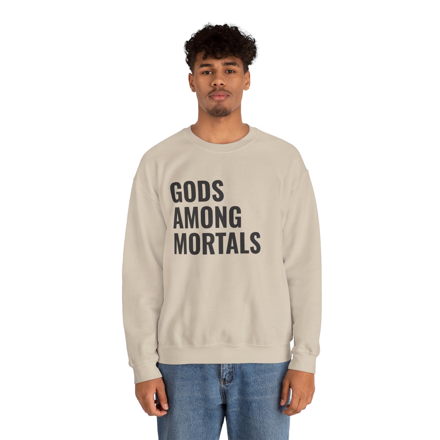 Gods Among Mortals Crewneck Sweatshirt – Bold Text Graphic Pullover