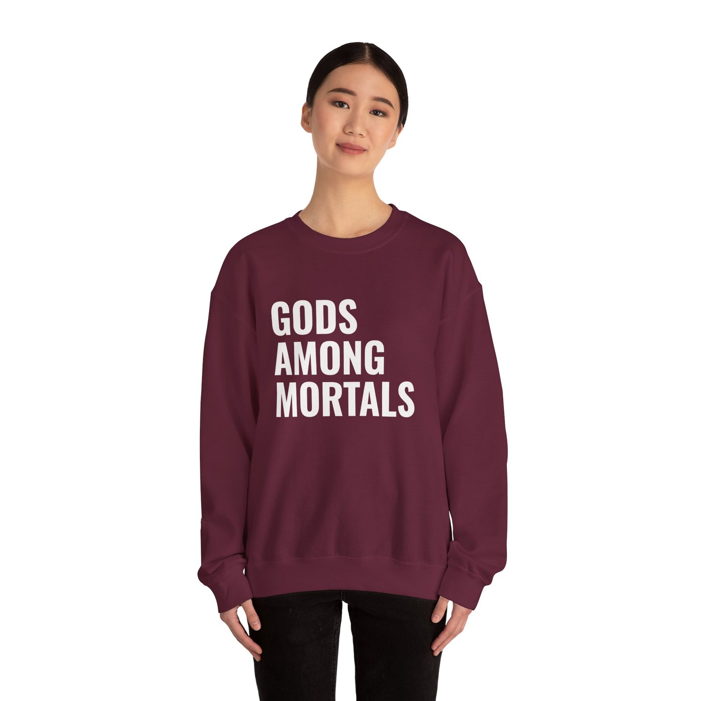Gods Among Mortals Crewneck Sweatshirt – Bold Text Graphic Pullover