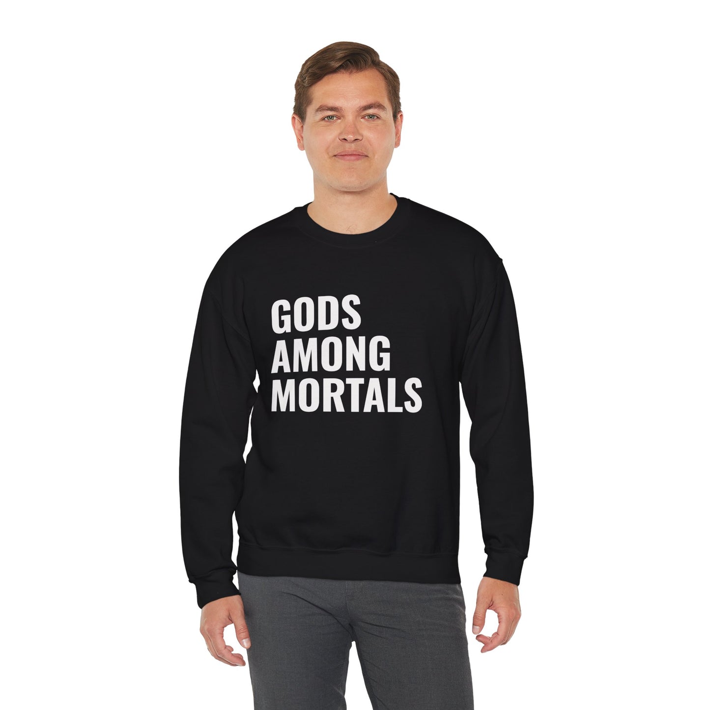 Gods Among Mortals Crewneck Sweatshirt – Bold Text Graphic Pullover