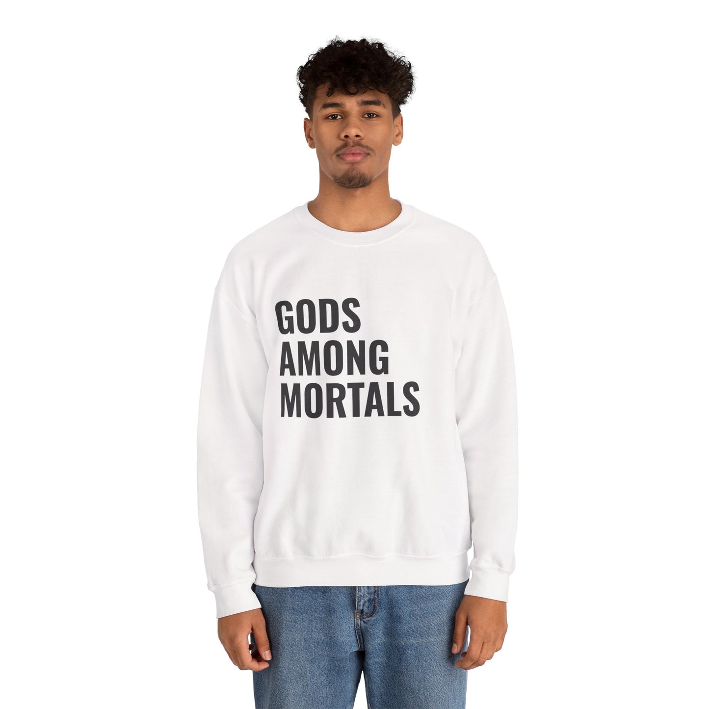 Gods Among Mortals Crewneck Sweatshirt – Bold Text Graphic Pullover