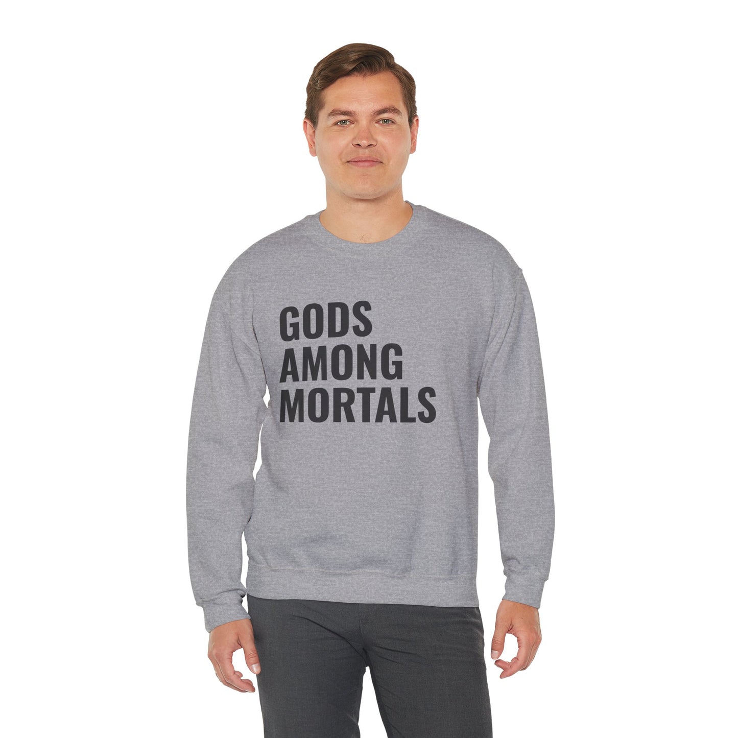 Gods Among Mortals Crewneck Sweatshirt – Bold Text Graphic Pullover