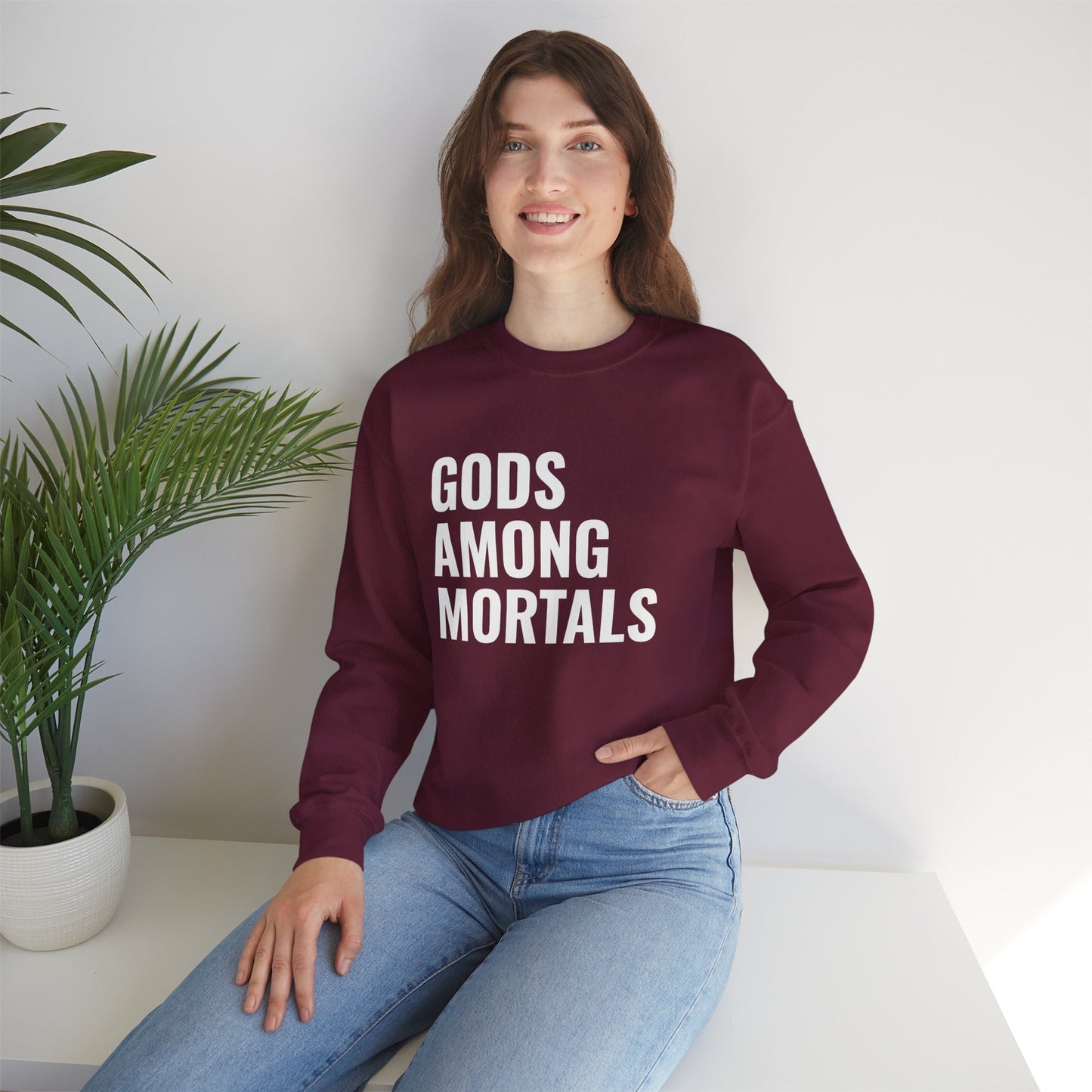 Gods Among Mortals Crewneck Sweatshirt – Bold Text Graphic Pullover