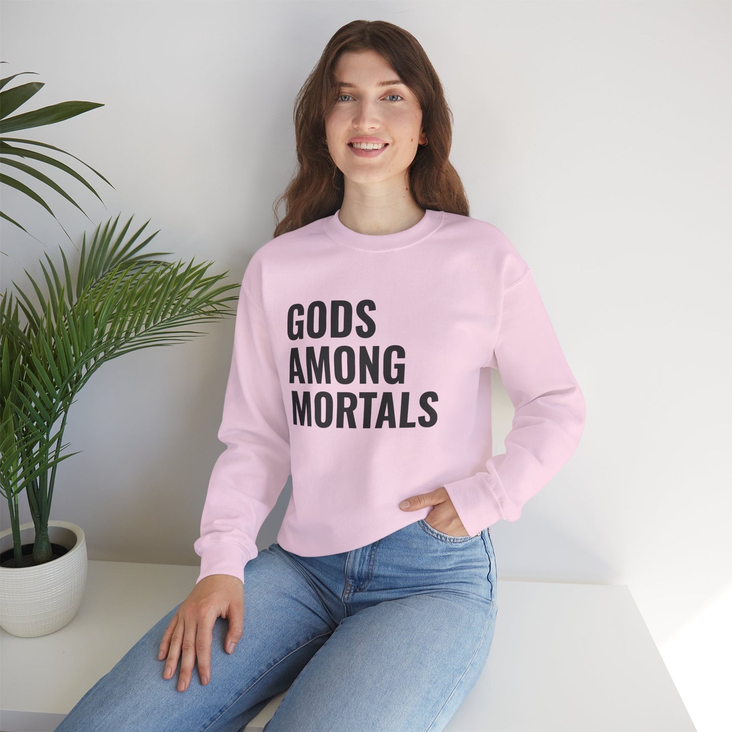 Gods Among Mortals Crewneck Sweatshirt – Bold Text Graphic Pullover