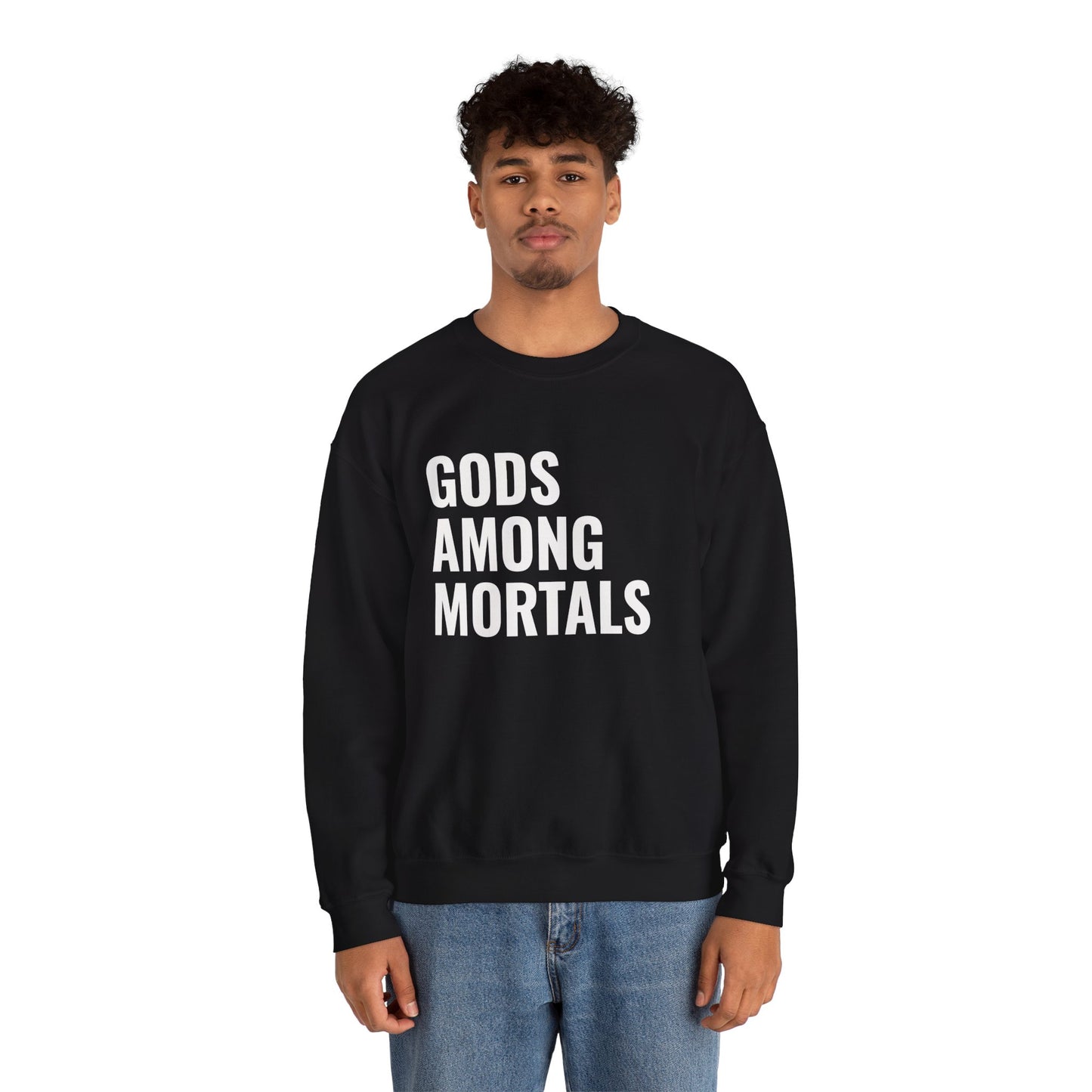 Gods Among Mortals Crewneck Sweatshirt – Bold Text Graphic Pullover
