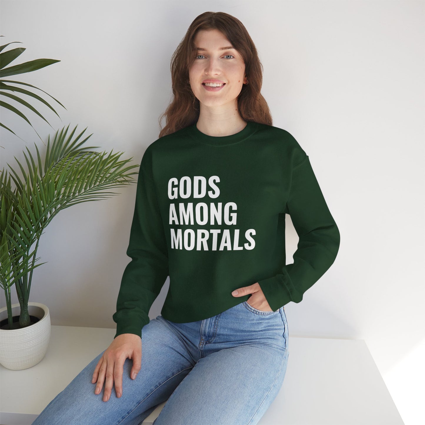 Gods Among Mortals Crewneck Sweatshirt – Bold Text Graphic Pullover