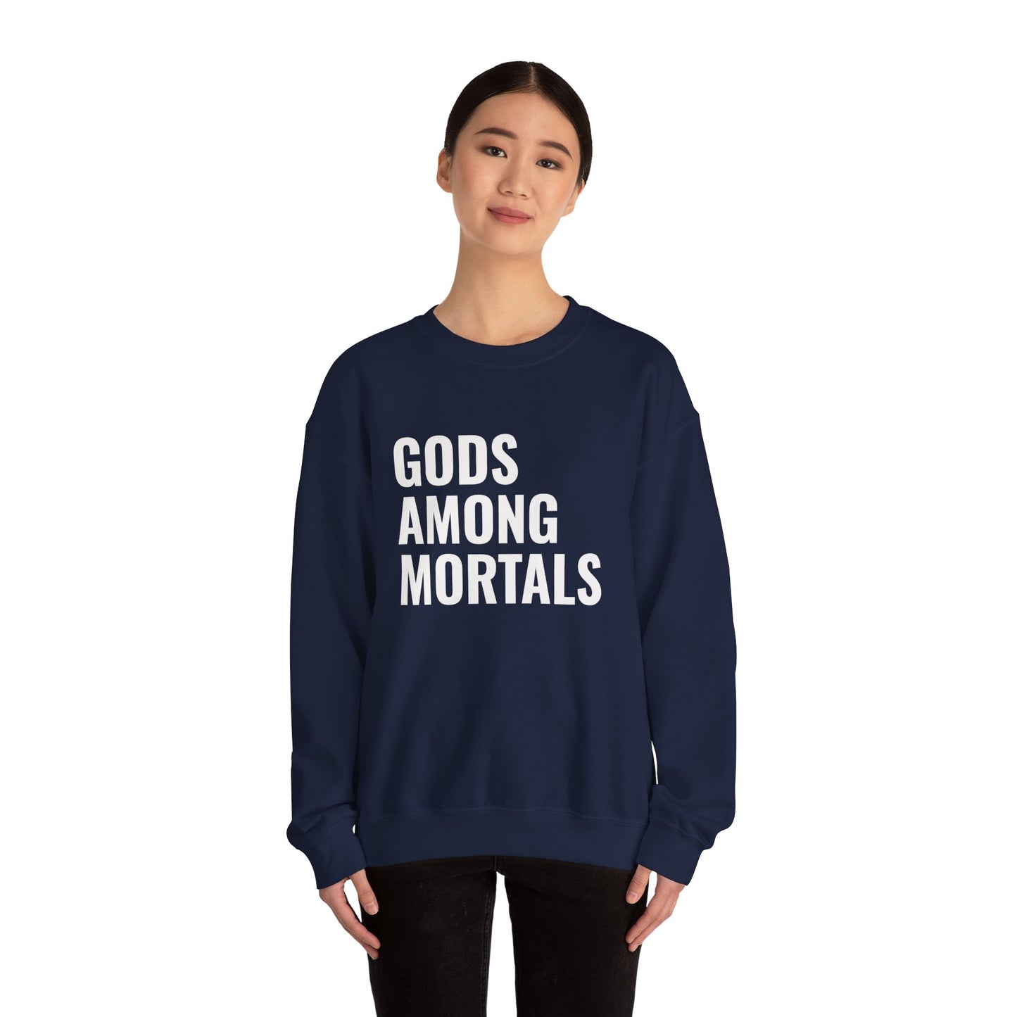 Gods Among Mortals Crewneck Sweatshirt – Bold Text Graphic Pullover
