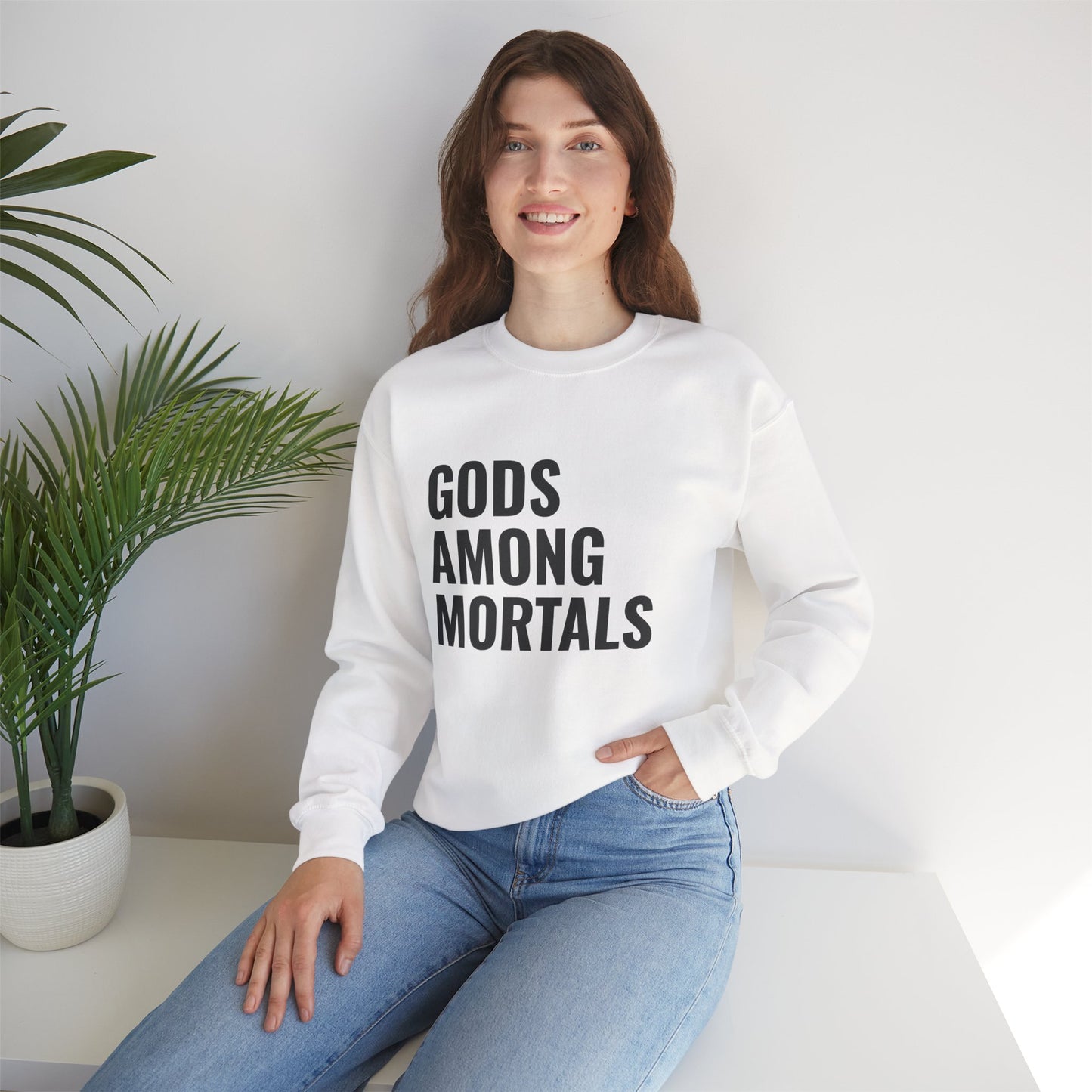 Gods Among Mortals Crewneck Sweatshirt – Bold Text Graphic Pullover