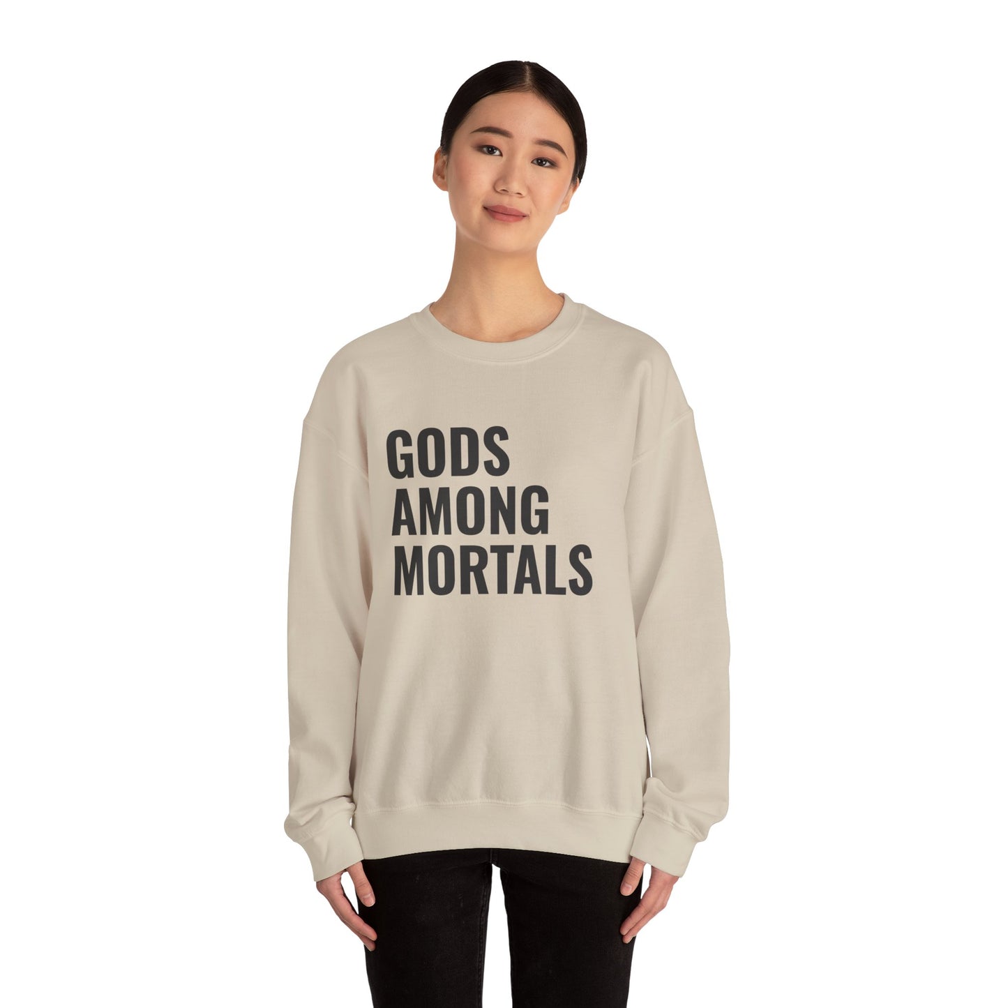 Gods Among Mortals Crewneck Sweatshirt – Bold Text Graphic Pullover