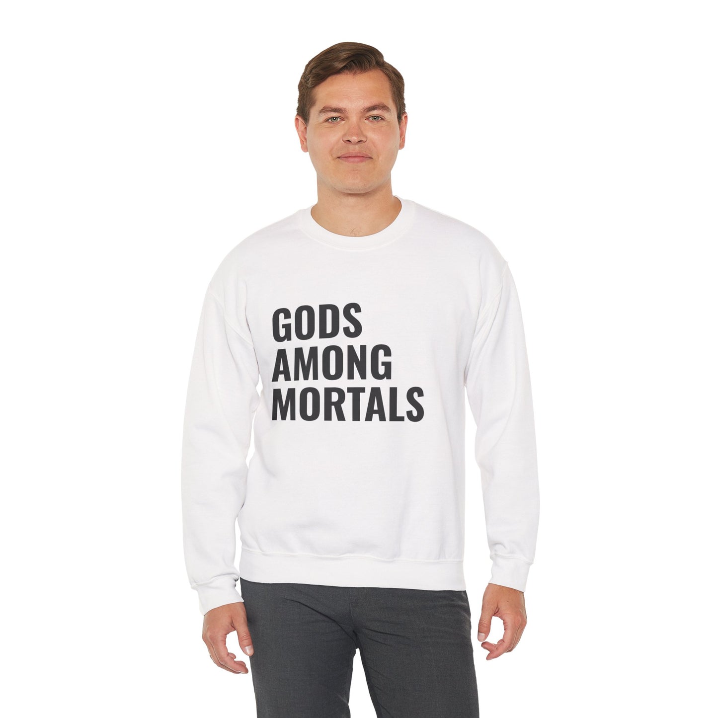 Gods Among Mortals Crewneck Sweatshirt – Bold Text Graphic Pullover