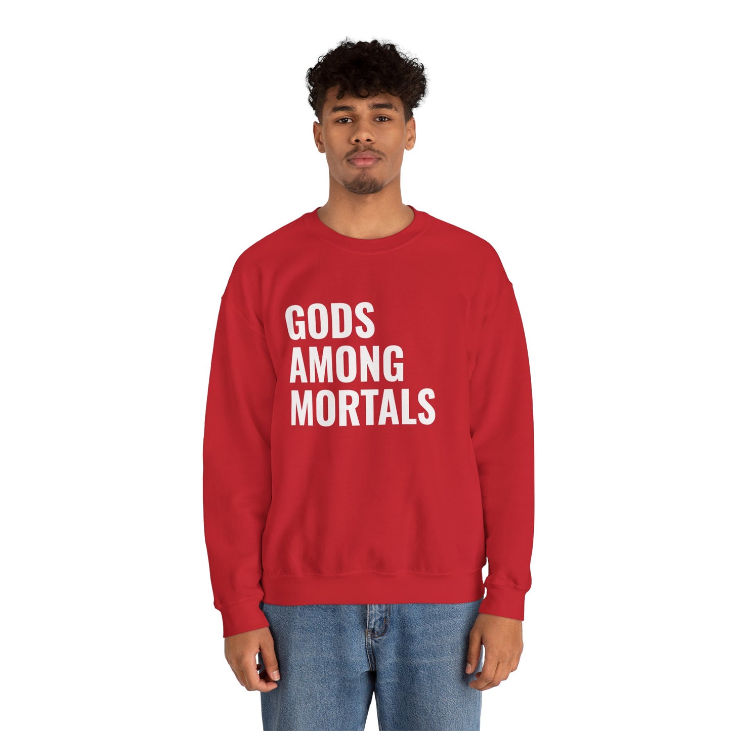 Gods Among Mortals Crewneck Sweatshirt – Bold Text Graphic Pullover