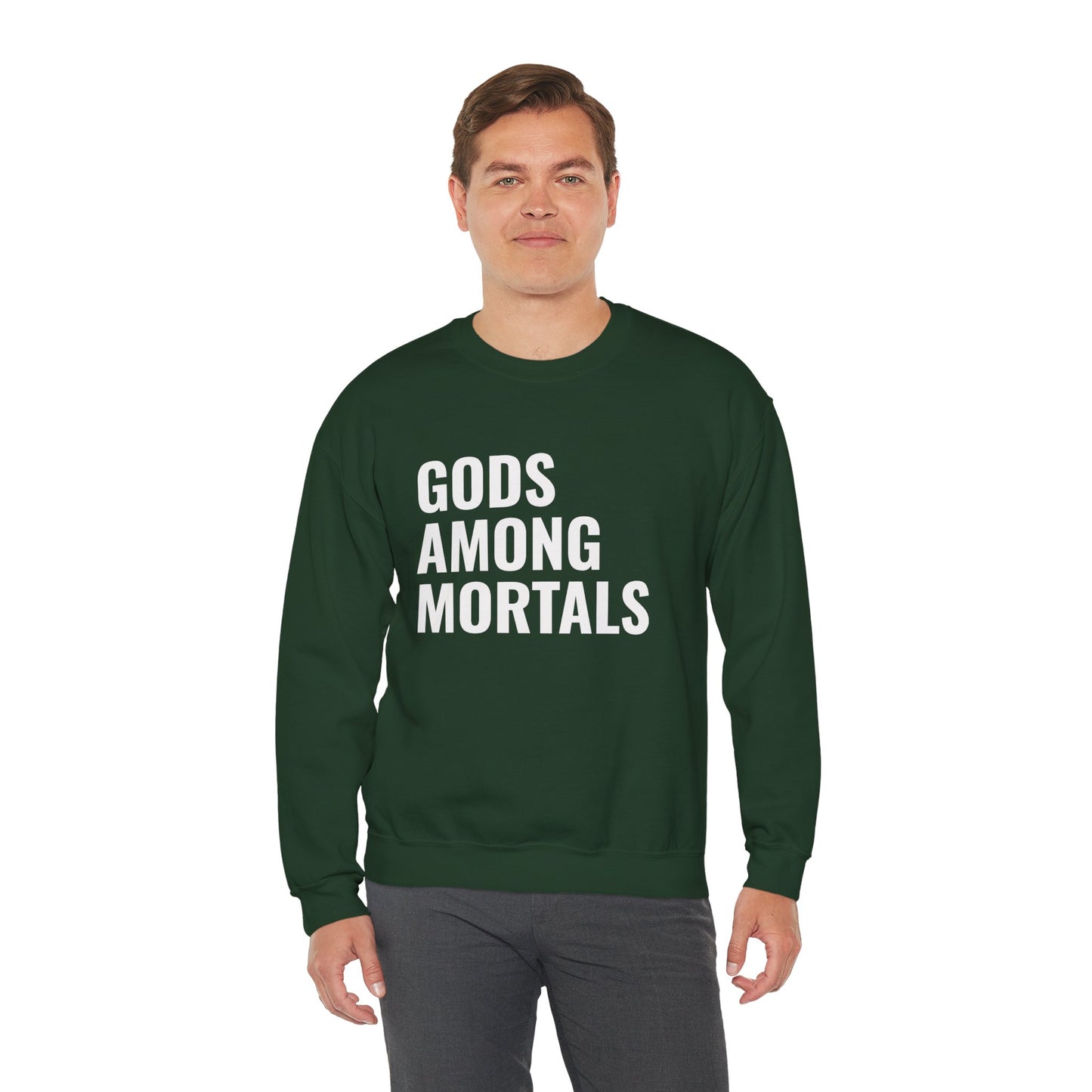 Gods Among Mortals Crewneck Sweatshirt – Bold Text Graphic Pullover