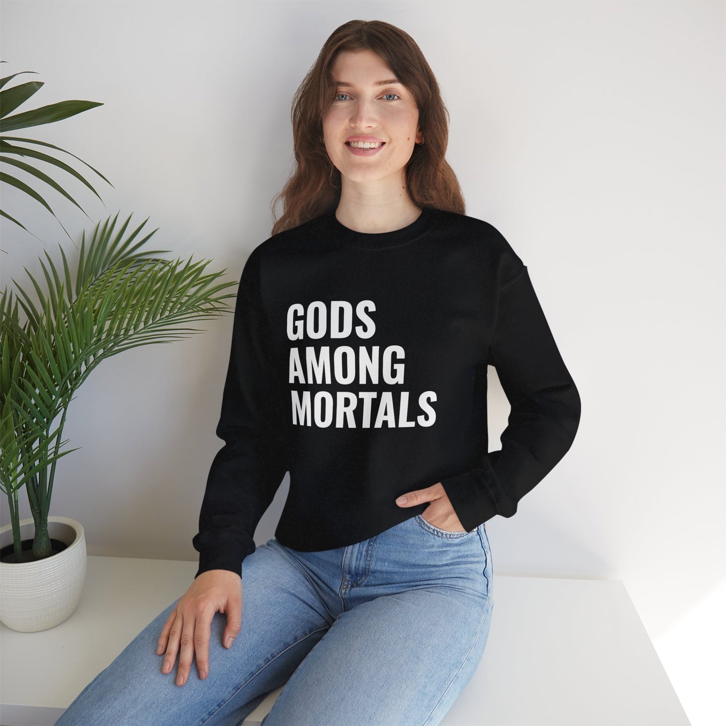Gods Among Mortals Crewneck Sweatshirt – Bold Text Graphic Pullover