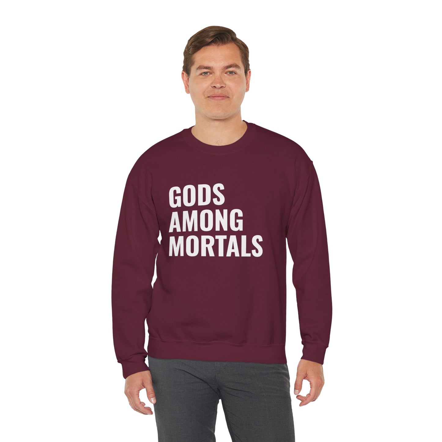 Gods Among Mortals Crewneck Sweatshirt – Bold Text Graphic Pullover